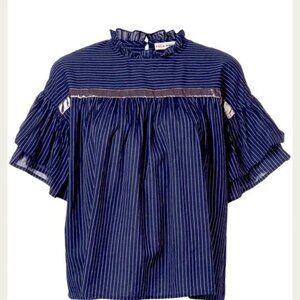 Ulla‎ Johnson Dark Blue Striped Metallic Ruffle Sleeve Top